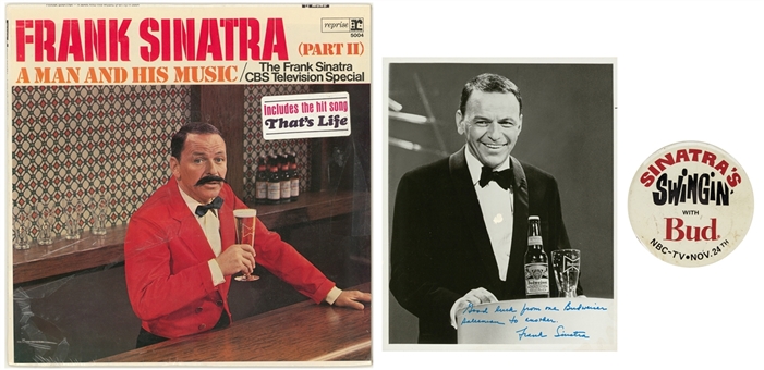 Lot of (3) Frank Sinatra Budweiser Promotional Memorabilia Including Album, Pinback Button & Photo